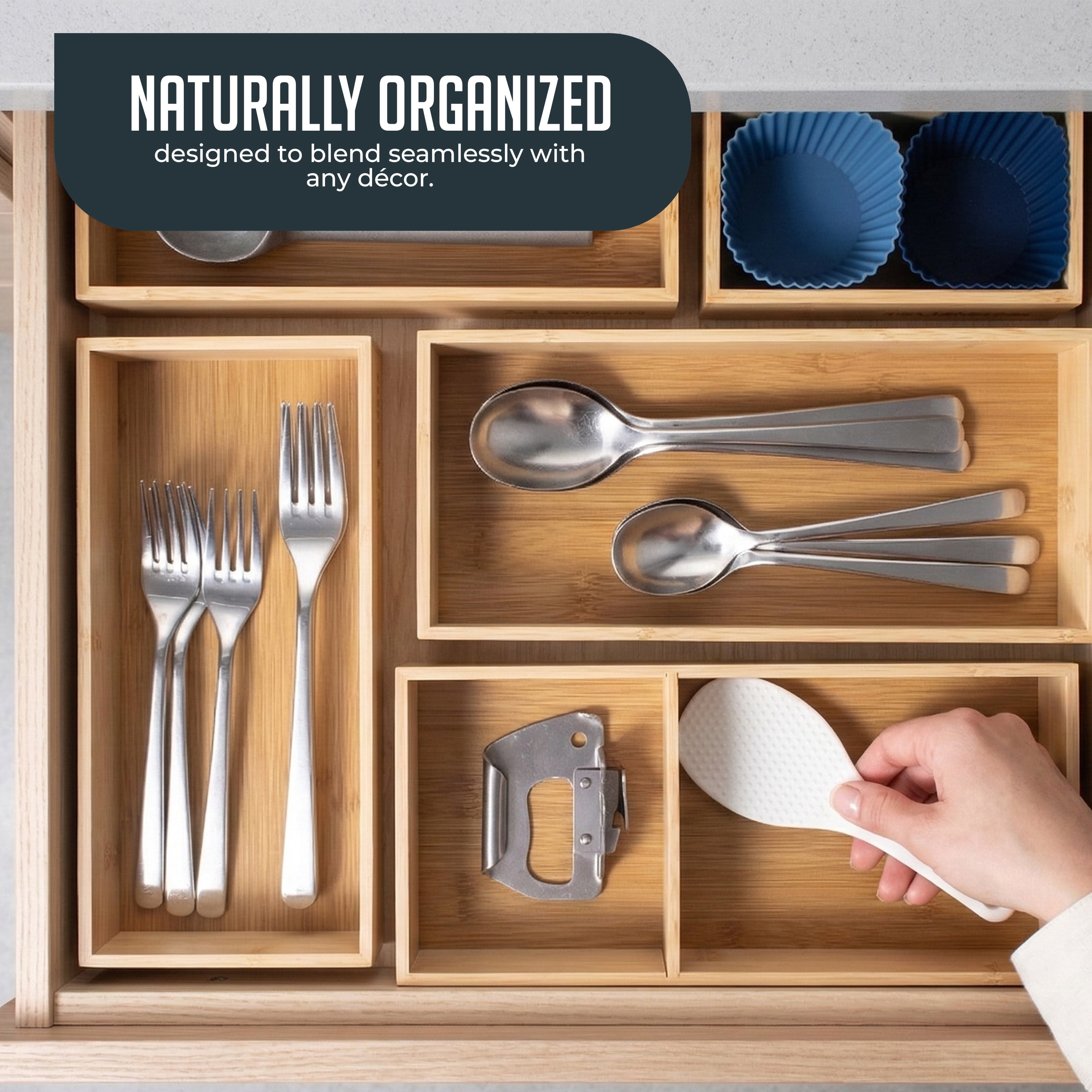 Luminuxe Bamboo Drawer Organizer Set, 5 Piece Non-Slip Versatile Storage Trays for Kitchen Utensils, Bathroom Essentials, Makeup & Jewelry