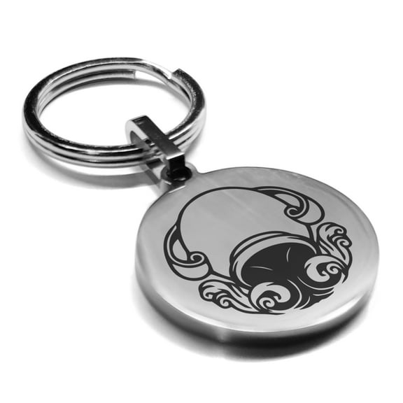 Stainless Steel Aquarius Zodiac (Water Bearer) Round Medallion Keychain Circle Ring