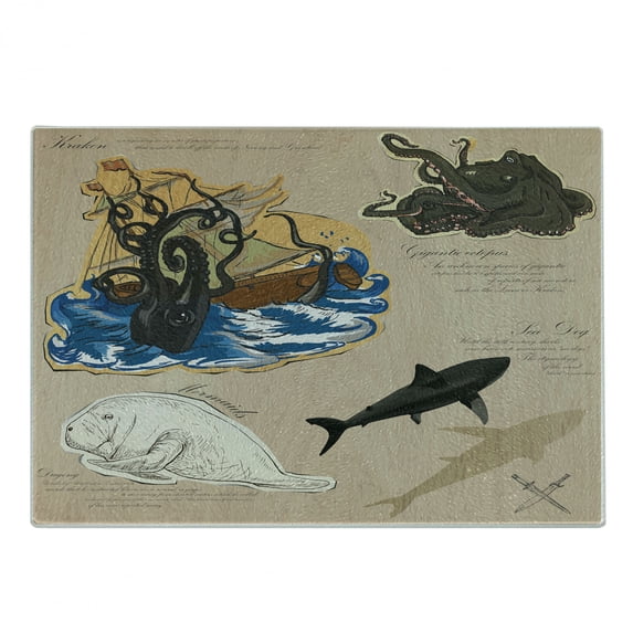 Mystic Cutting Board, Marine Monsters Creatures Collage Kraken Octopus Sea Dog Mythical Animals Design, Decorative Tempered Glass Cutting and Serving Board, Small Size, Multicolor, by Ambesonne