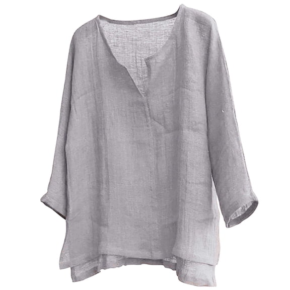 WREESH Men's Fashion Lightweight Linen Shirts Solid Long Sleeve V-Neck Comfortable Loose Casual T-Shirt Tops Gray