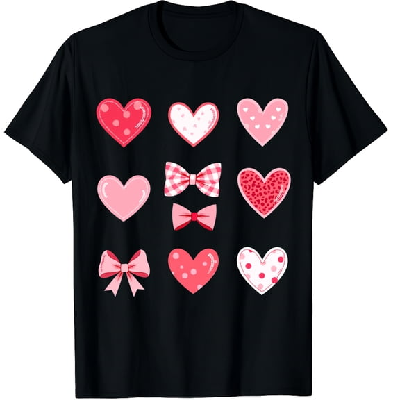 Valentines Day Hearts Coquette Bow Graphic Black T-Shirt for Men and Women