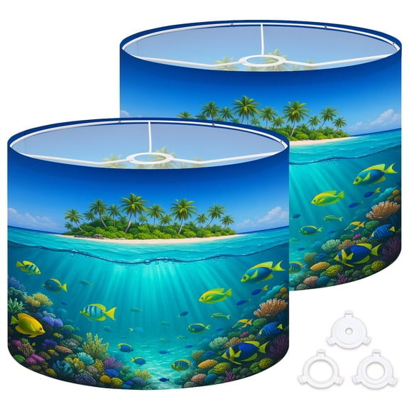 Lamp Shades Set of 2 Easy Assembly Tropical Island Coral Reef Split View Waterline Drum Lampshades for Table Lamps Floor Lamps Pendant Light 13"x13"x10" Replacement Lamp Shade