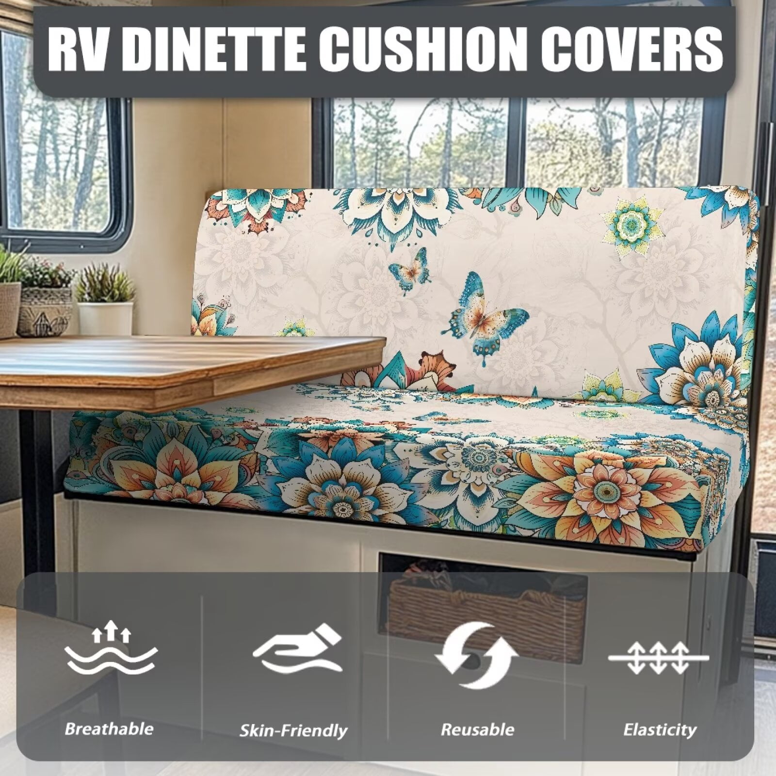 XYZCANDO Butterfly Floral RV Dinette Cushion Covers Universal Camper Accessories for Inside Sofa Covers Washable Washable Couch Cover 2 Cushion Sofa 1 Backrest Cover and 1 Bench Cover White