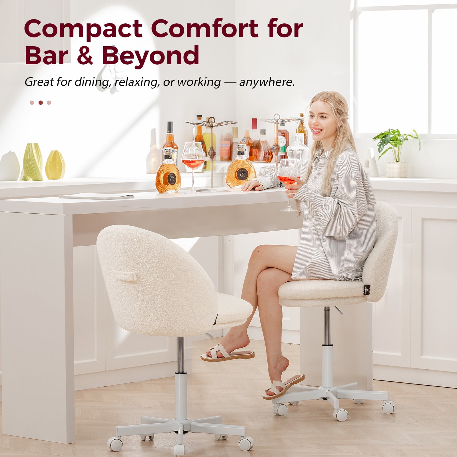 CloudRest Pro Vanity Chair with Back & Wheels, Adjustable Swivel Velvet Stool for Bedroom, Home Office, White