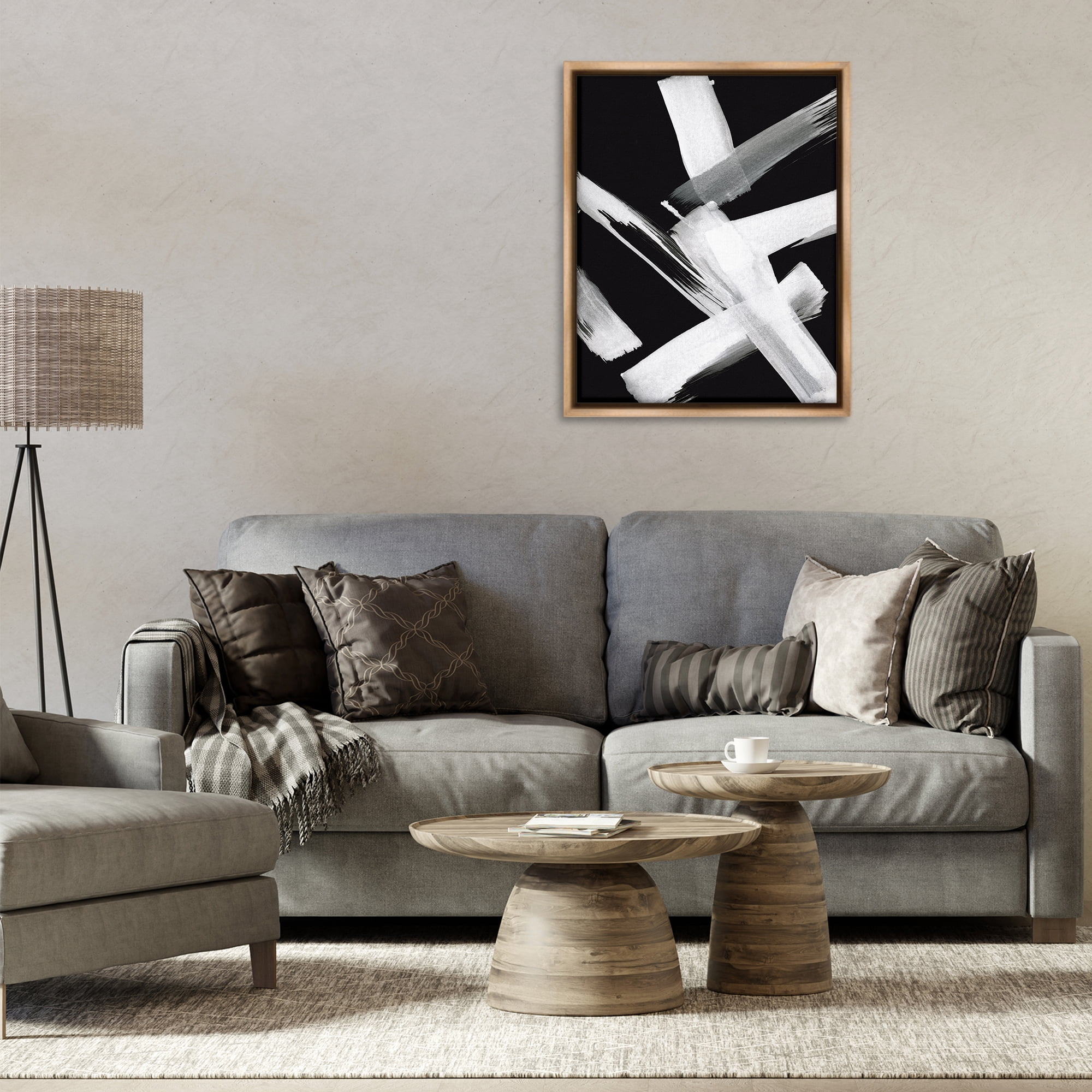 Stupell Industries Brushstrokes on Black Abstract Painting Brown Floater Framed Canvas Art Print Wall Art, 25 x 31