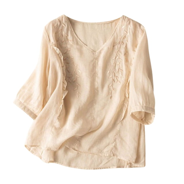 Women's Linen Blend Embroidered T-Shirt Soft Breathable Loose Fit Casual Top Comfortable Everyday Basic Tee