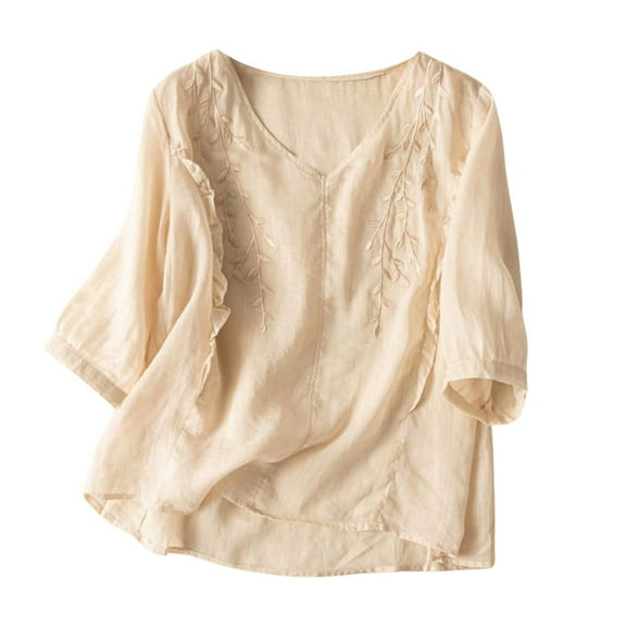 Yuncity Linen Clothes For Women Solid Color Cotton Vintage Embroidery Clothing Loose Thin T Shirt Top M-3Xl