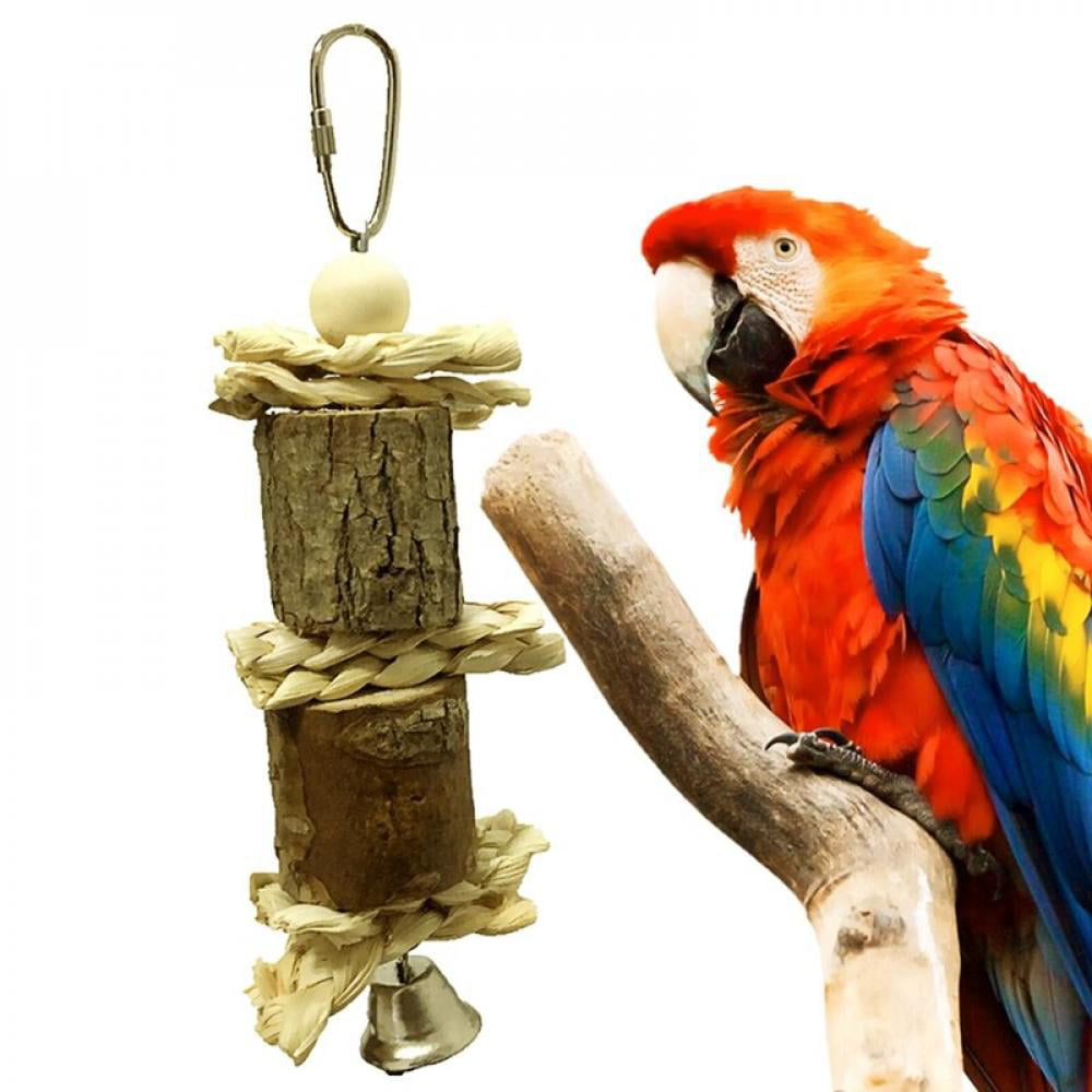 HK Wooden Beads Maize Peel Loofah Bell Parrot Molar chew Bite Hanging Birds Pet 