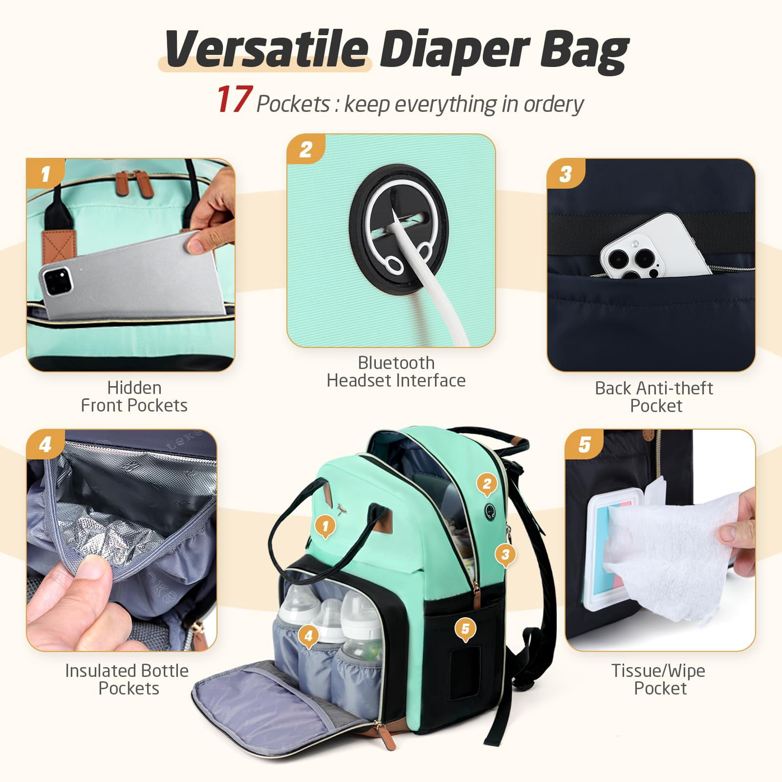 Diaper Bag Backpack, Extra Large for Twins & 2 Kids, 25-37L Expandable Travel Baby Bag with Changing Pad & Earphone Hole, Green Black