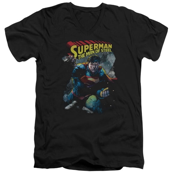 Superman Through The Rubble Adult V-Neck T-Shirt 30/1 T-Shirt Black