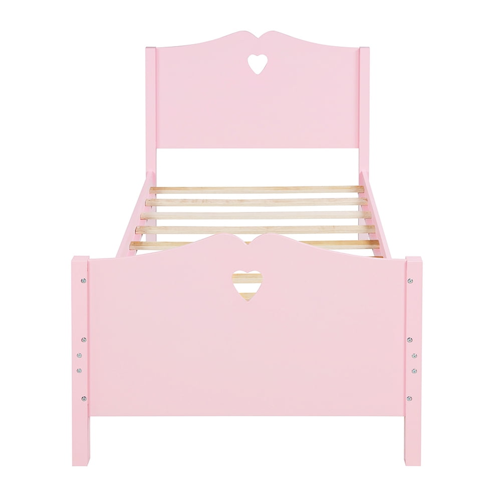 Lowestbest Platform Beds for Teens, Twin Size Bed Frame with Wood Slat Support and Headboard and Footboard, Pink