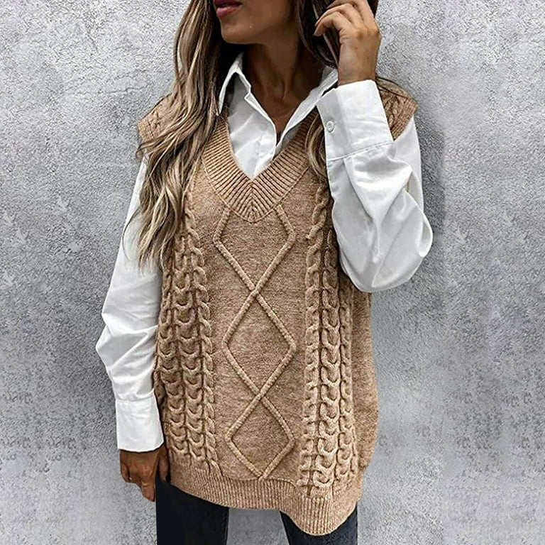 VSSSJ Oversized Sweater Vest for Women V Neck Sleeveless Solid Color Loose  Pullover Sweater Casual Chunky Cable Knit Tank Tops Khaki S