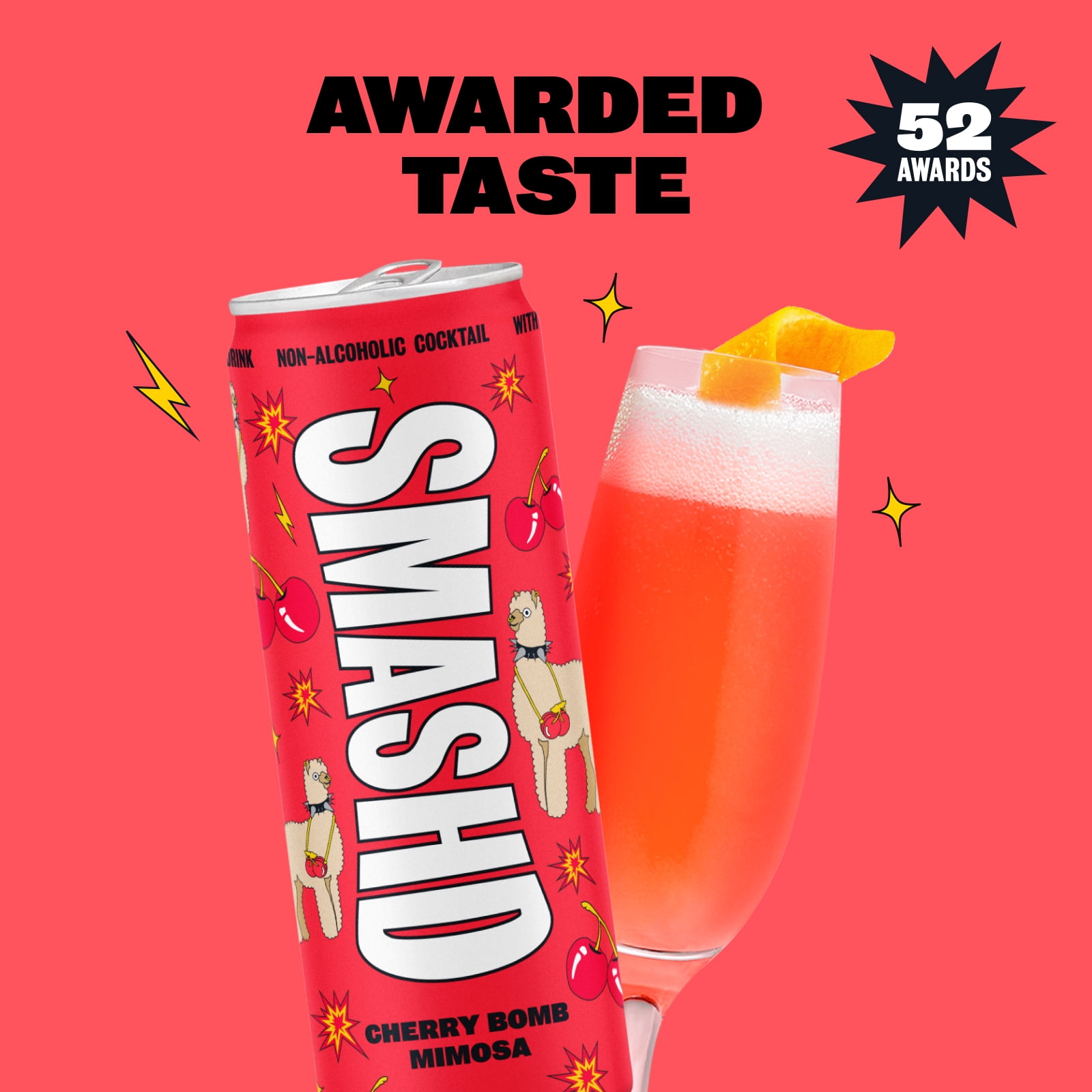 SMASHD Alcohol-Free Mocktails, Non-Alcoholic Beverage Flavored Sparkling Water, Champagne alternative No Artificial Flavors, Caffeine-Free, with electrolytes, 12 Oz&nbsp;Cherry Bomb Mimosa, 12 Pack