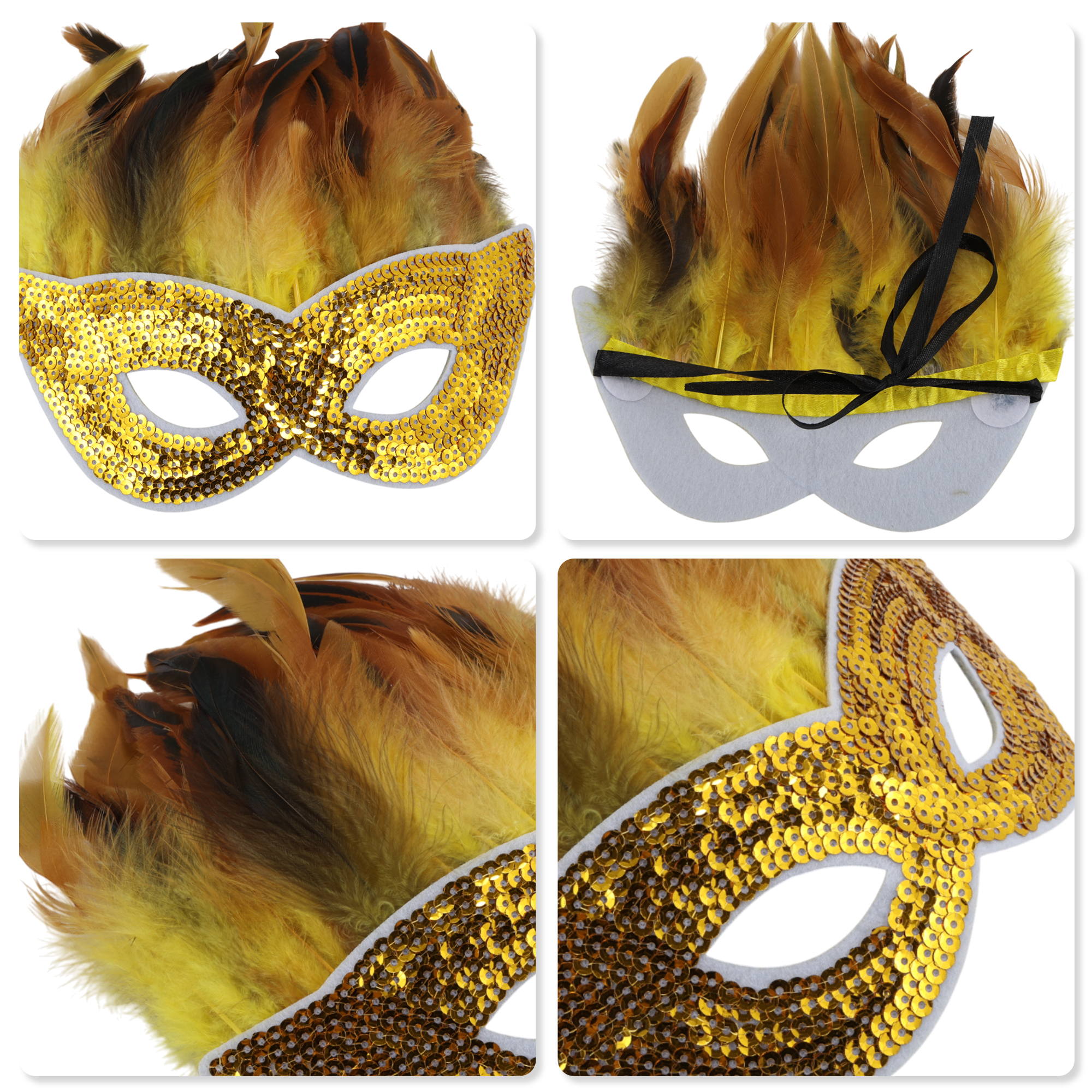 Unique Bargains 1 Pack Elegant Sequined Feathers Party Mask Gold Tone