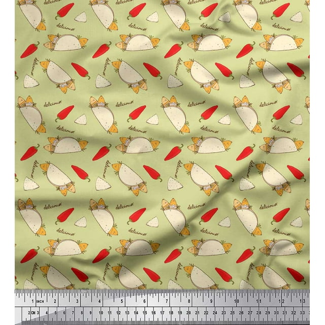 Soimoi Tissu Beige Moss Georgette Imprimé Alimentaire Piment Rouge & Tacos au Mètre 42 Pouces de Large
