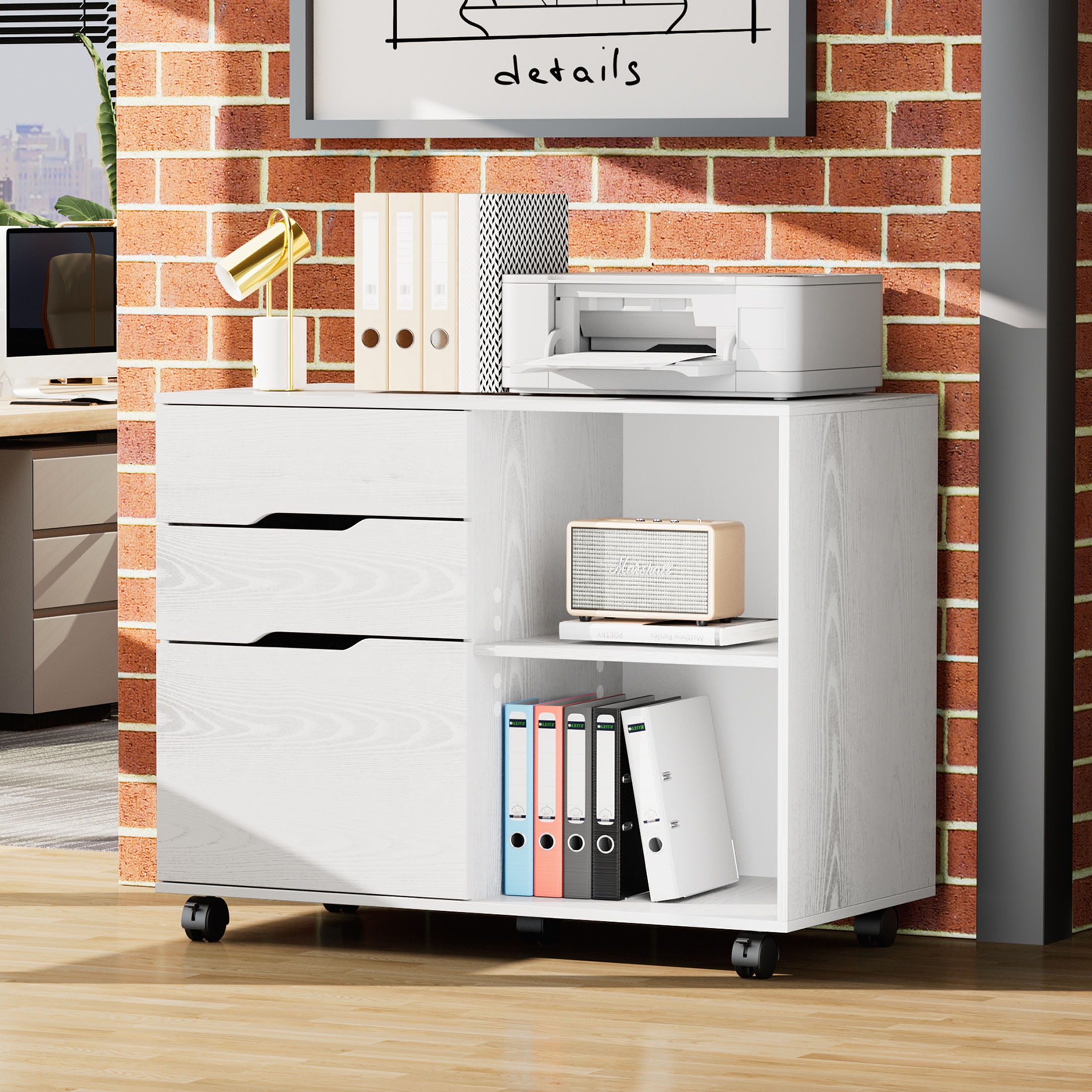 JIOABL 3-Drawer File Cabinet, Lateral Mobile Filing Cabinet Wood Storage Organizer with Wheels, Printer Stand & Open Shelves for Home Office, White