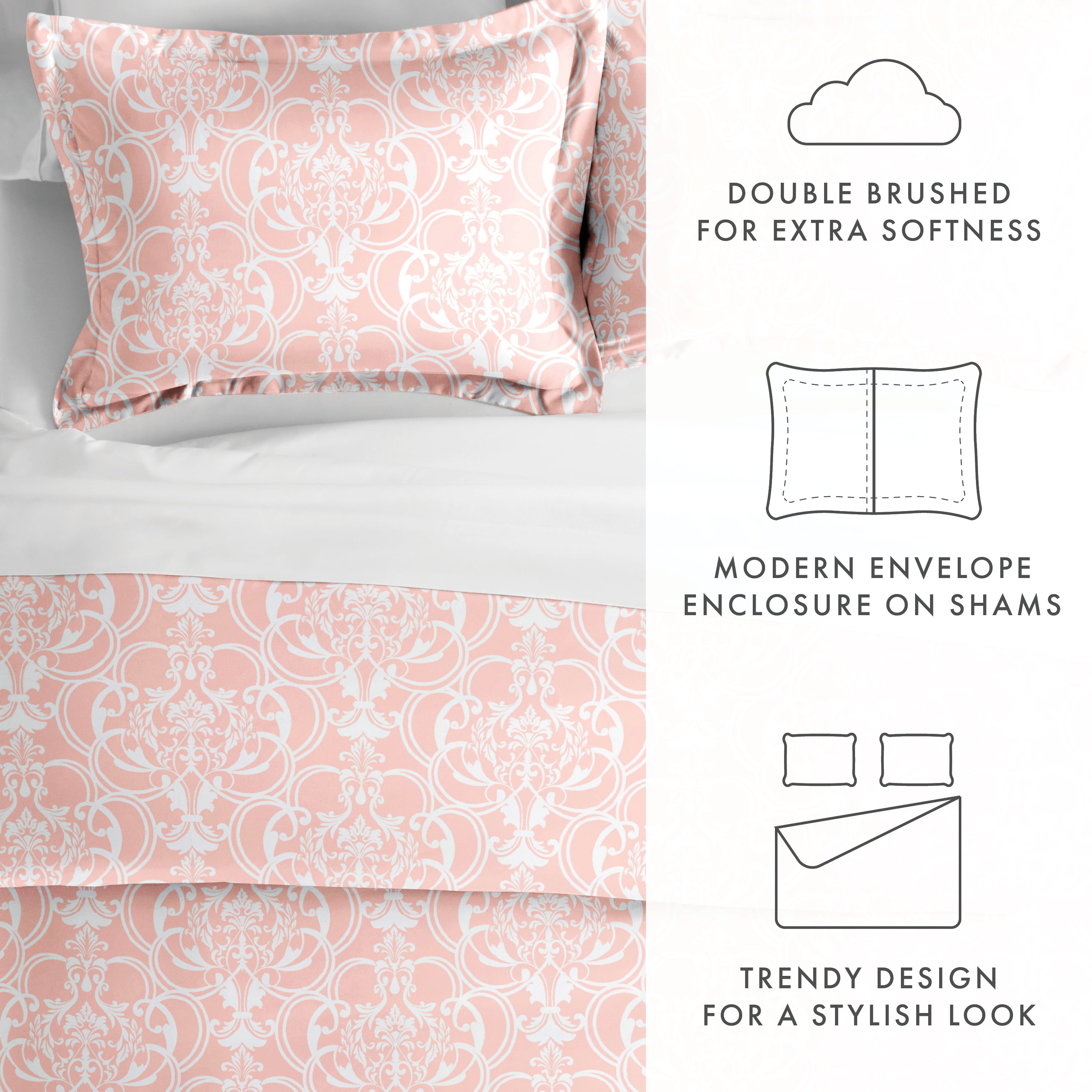 Noble Linens Pink Romantic Damask Pattern 3-Piece Duvet Cover Set, King/Calking