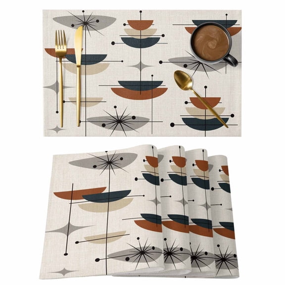 Navy Bohemian Placemats Set of 6, Geometric Boho Abstract Color Block Placemats for Dining Table, Place Mats for Kitchen Tabletop, Waterproof Wipeable Dining Table Mats Set