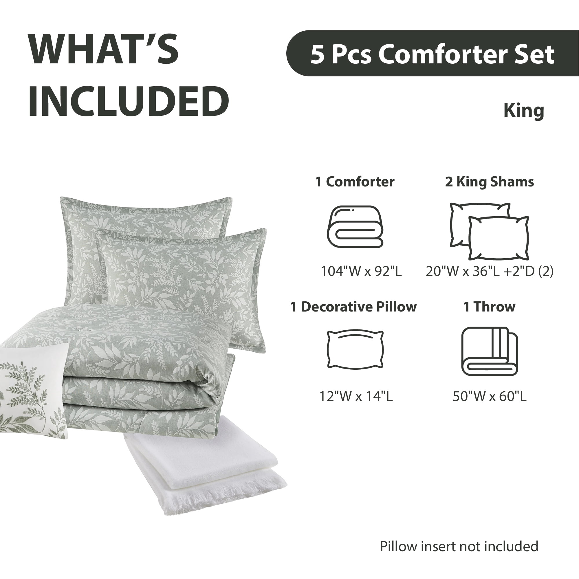 Mainstays 5-Piece Jacquard Comforter Set with Decor Pillow and Throw Sage Green Floral Bedding Set, King