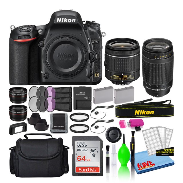 Nikon D750 Cámara digital DSLR de 24,3 MP con lentes de 18-55 mm y 70-300 mm (1543) Paquete con tarjeta SD SanDisk de 64 GB + bolsa para cámara + kit de filtro + baterÃa de repuesto + lente telefoto Nikon 1543-6A-7