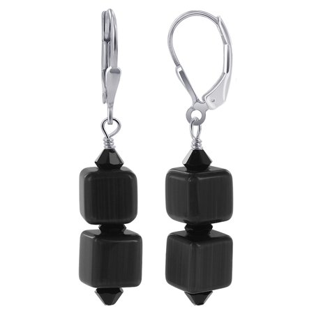 Gray Gemstone Earrings - Gem Avenue 925 Sterling Silver Gray Cats Eye Leverback Drop Earrings