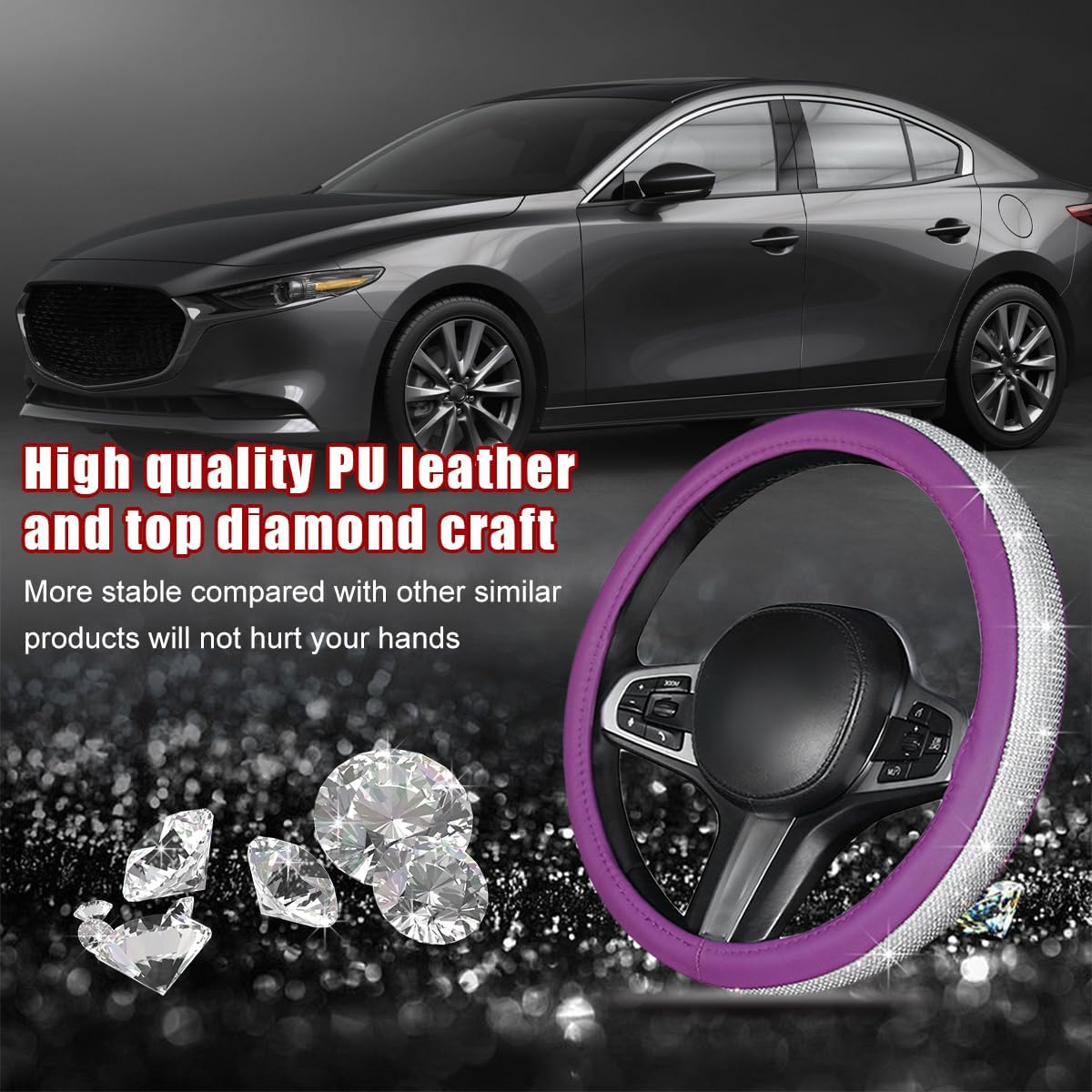 Bling Car Steering Wheel Cover, Sparkling Crystal Rhinestone Auto Wheel Protector, Anti Slip Cover Fit 15 Inch Steering Wheel for Women Girls, Universal Car Accessories (White+Purple)