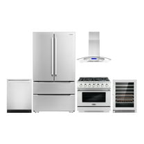 Cosmo 5 Piece Kitchen Appliance Package with 36" Freestanding Gas Range 36" Island Range Hood 24" Built-in Fully Integrated Dishwasher French Door Refrigerator & 48 Bottle Wine Refrigerator