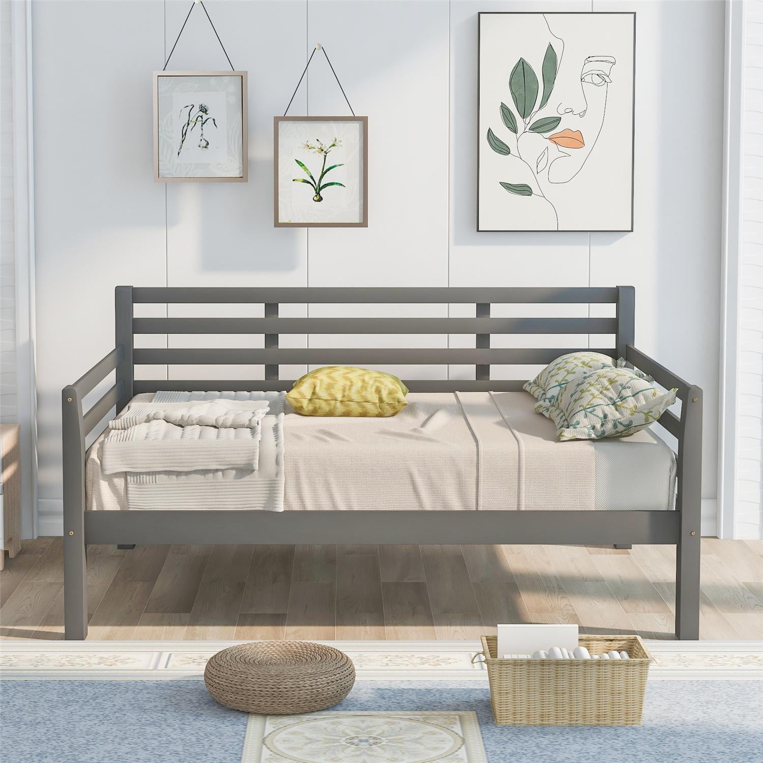 Daybed Frame, Full Size MultiFunctional Wooden Platform with Backboard