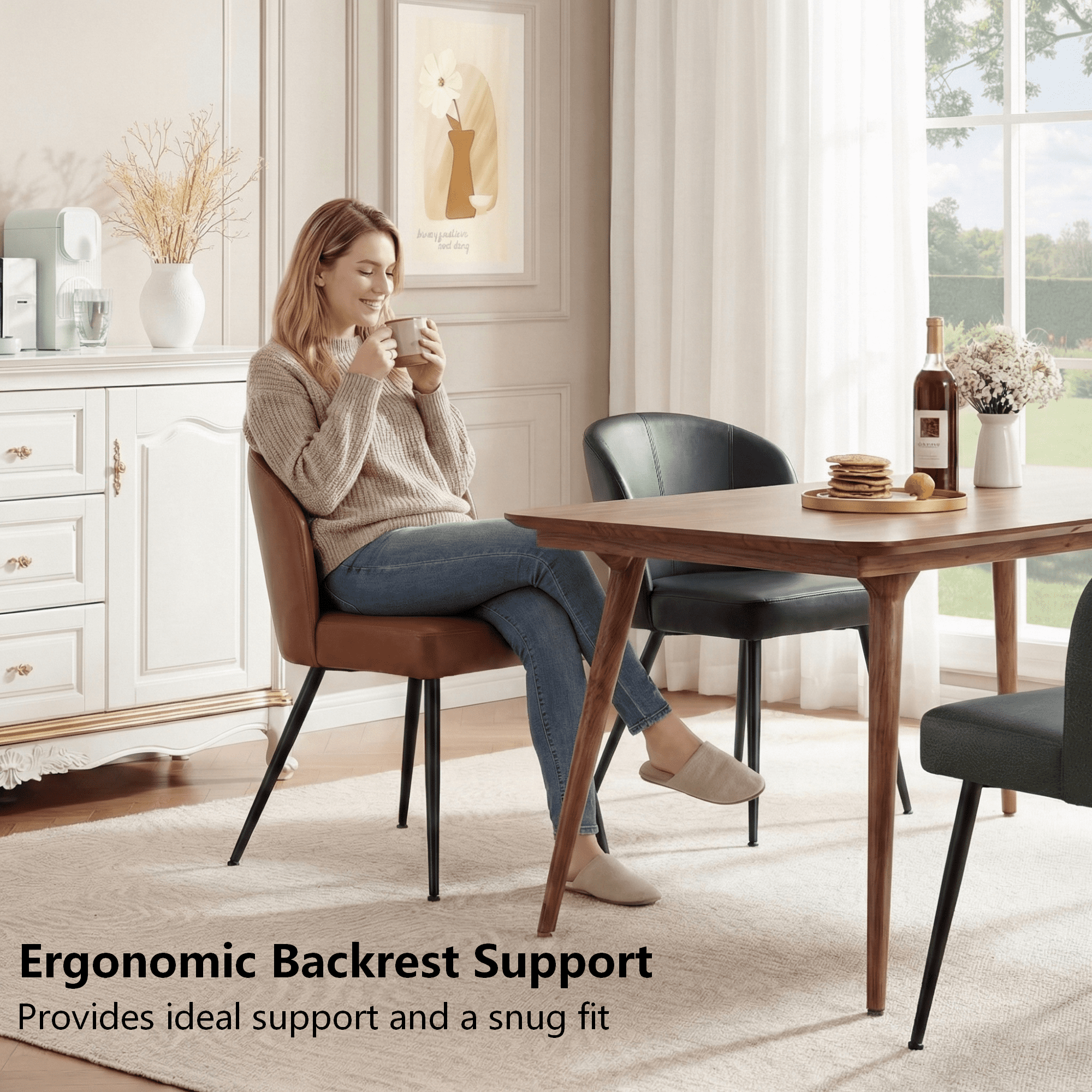 Sailvan Dining Chairs Set of 2, Modern Living Room Chairs, Leather Kitchen Chairs, Mid Century Style Upholstered Chairs for Dining room, With Cushion Seat And Metal Legs, Easy Assembly, Black