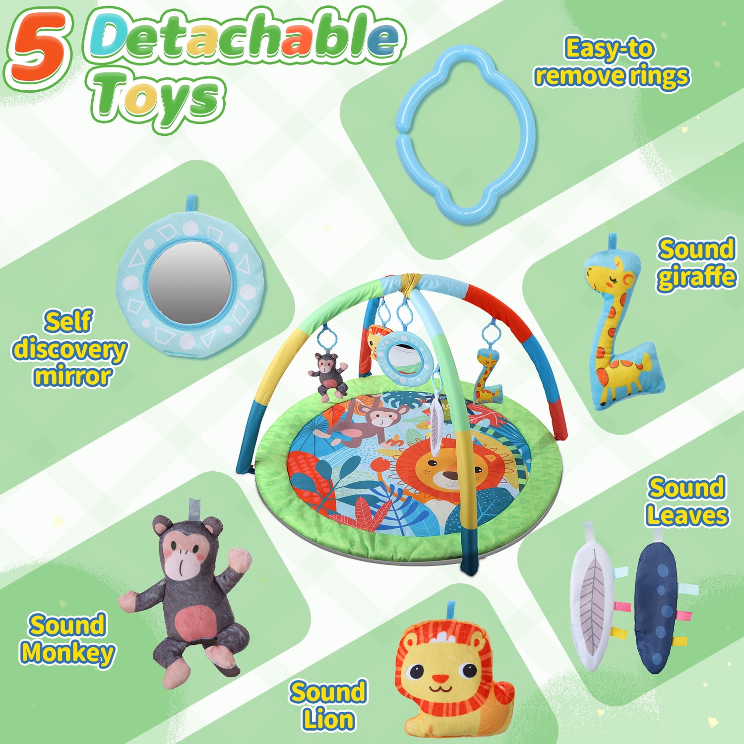 JoyStone Baby Gym Play Mat Activity Mat with 6 Detachable Toys, Round Tummy Time Play Mat for Newborns & Infants 0–12 Months