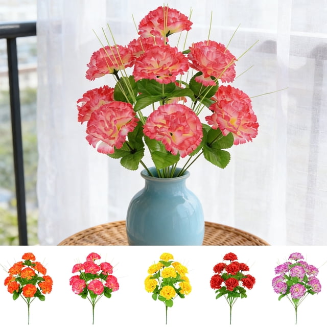 Ramo de claveles artificiales 12 tallos - Tela flores falsas rojo rosa amarillo naranja morado, 16,5 pulgadas, decoración de boda realista, arreglo floral para oficina en casa