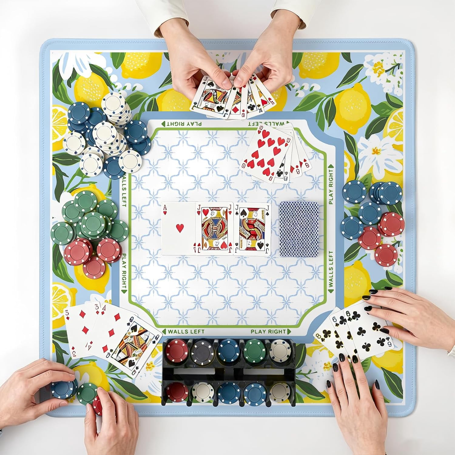 Cztulip Blue Lemon Floral Mahjong Mat,Summer Italian Lemon Anti-SlipNoise-Reducing Mahjong Mat,Cottagecore Botanical Garden Mahjong Mat for Table Board,Games Tile Game,Poker and Cards,31.5x31.5Inch