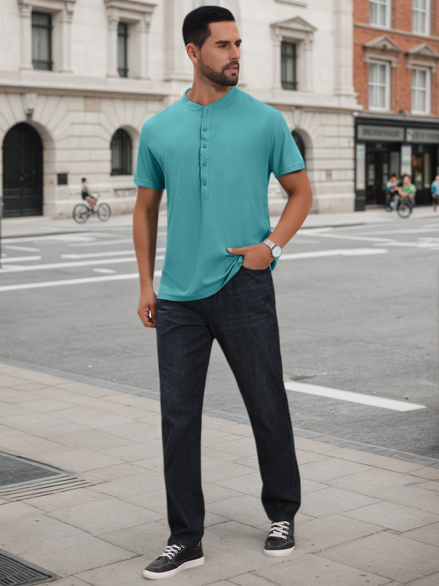 DARING DIVA Men's Henley Breathable Short Sleeve Button Down T-Shirt L Light Blue