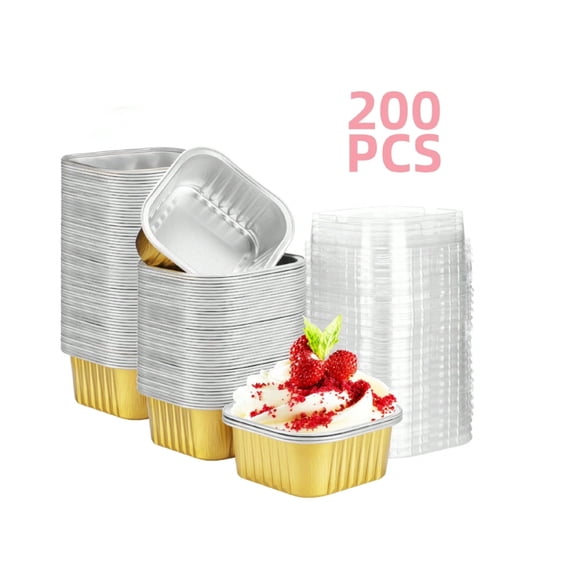200pcs Baking Cups Aluminum Foil With Lids,5oz Cupcake Mini Cake Pans For Muffins, Desserts, Flans, Pudding&Party Food Display