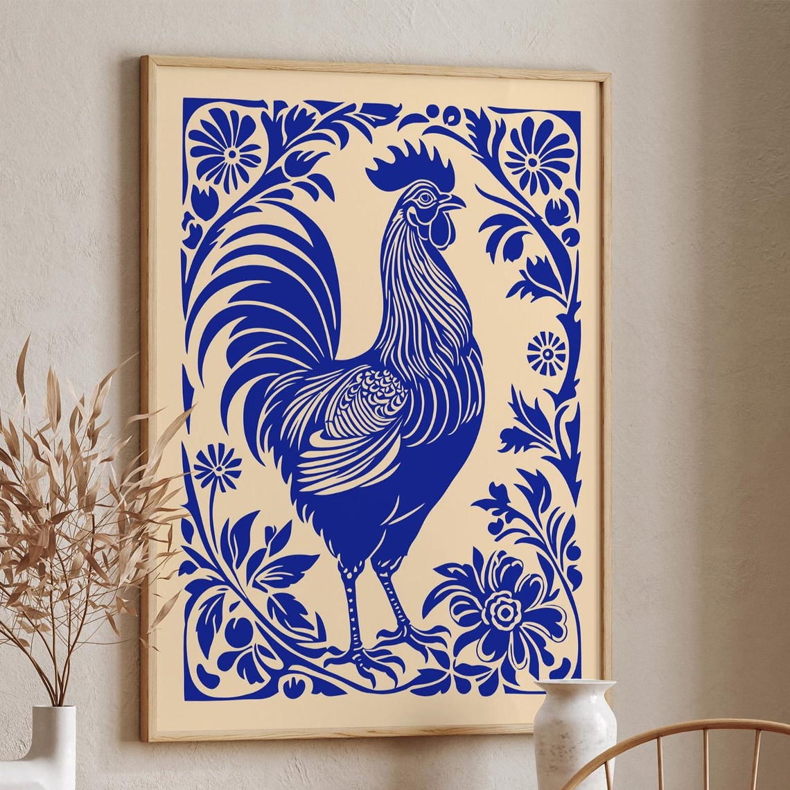 Blue Rooster Art Modern Farmhouse Kitchen Wall Decor Unframed Paper Print