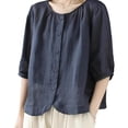 thumbnail image 1 of TaTaai Linen Embroidered Three-quarter Sleeve Top Vintage Loose-fitting Embroidered Round-neck T-shirt For Women Three-quarter Sleeve Round-neck Top/shirt Gift, 1 of 2