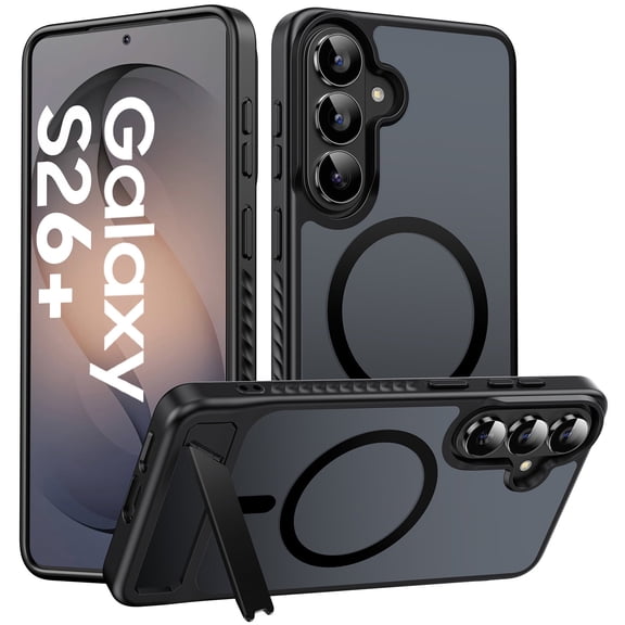 for Samsung Galaxy S26 Plus Case Magnetic, [Compatible with MagSafe][Built-in Invisible Stand ], Military Grade Drop Protection Translucent Slim Case for Galaxy S26 Plus , Black