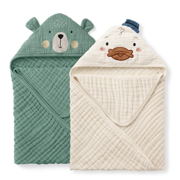 Toalla con capucha para bebé Blissful Diary Muslin, paquete de 2 unidades, oso y pato