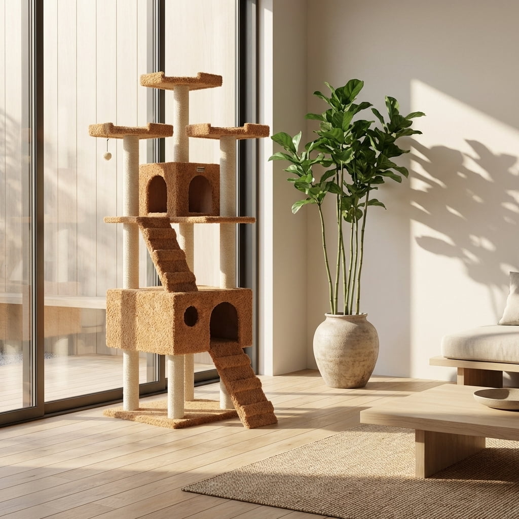 Multi-Level Cat Tree Tower, 74-Inch Tall Activity Center with Condos, Scratching Posts, Plush Cover, Brown