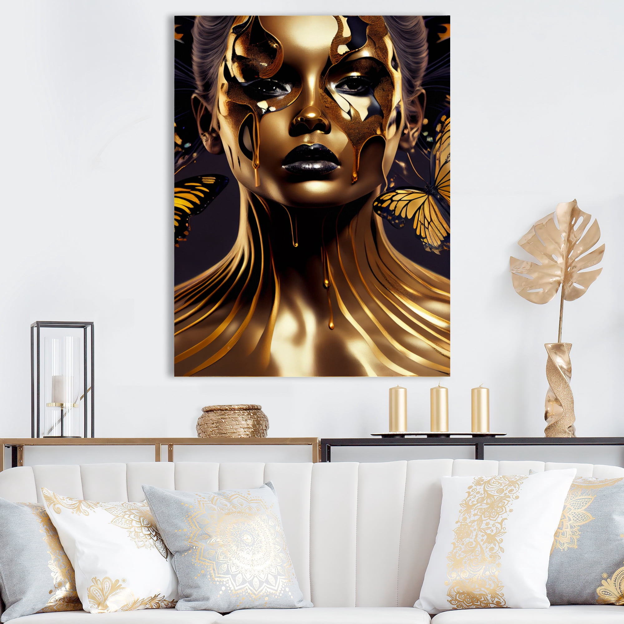 Designart Woman With Black And Gold Butterflies II Canvas Wall Art