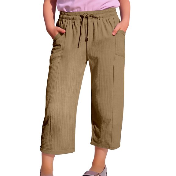 XXWXYD Girls Cotton Linen Capri Pants Toddler Girls Palazz𝗈 Pants Straight Leg Capris Kids Summer Beach Cropped Pants with Pockets 3-14 Years
