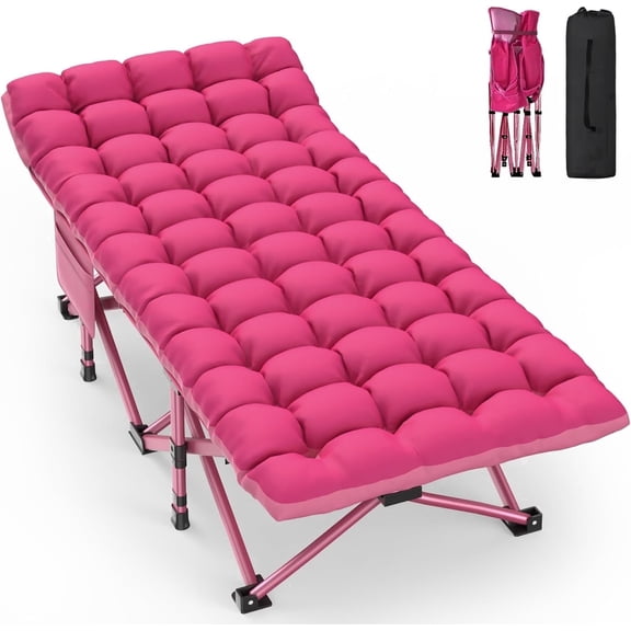 DKMOCO XXL Folding Camping Cot with Mattress for Adults,32" x 79" 500lbs Capacity Portable Bed with Carry Bag, for Office Home Nap, Outdoor,Camping（Pink Cot Pink Pad)