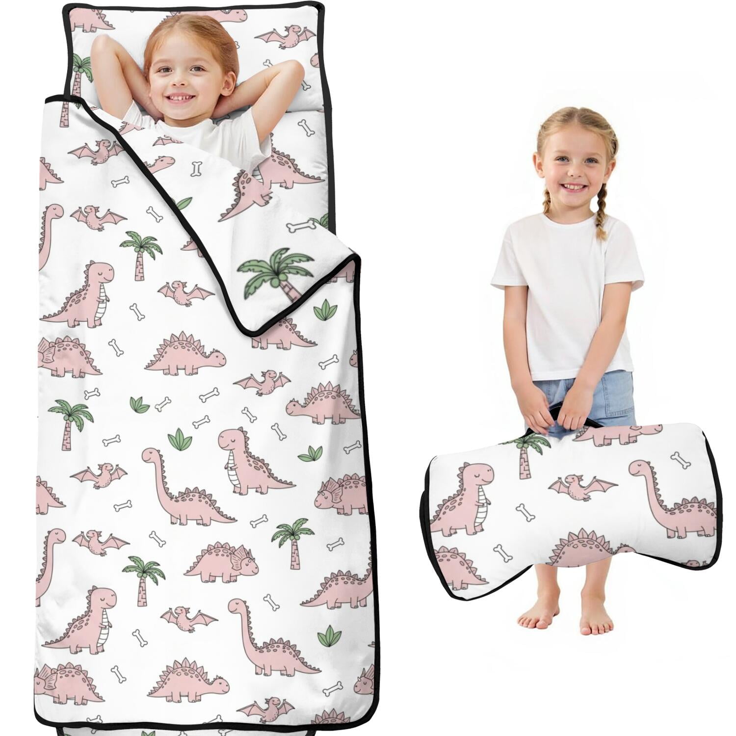Dinosaur and Palm White Pattern Kids Nap Mat All-in-One Nap Pad with Handle & Fastening Straps Soft Skin Friendly Gifts for Back To School Nap Time 60 x20