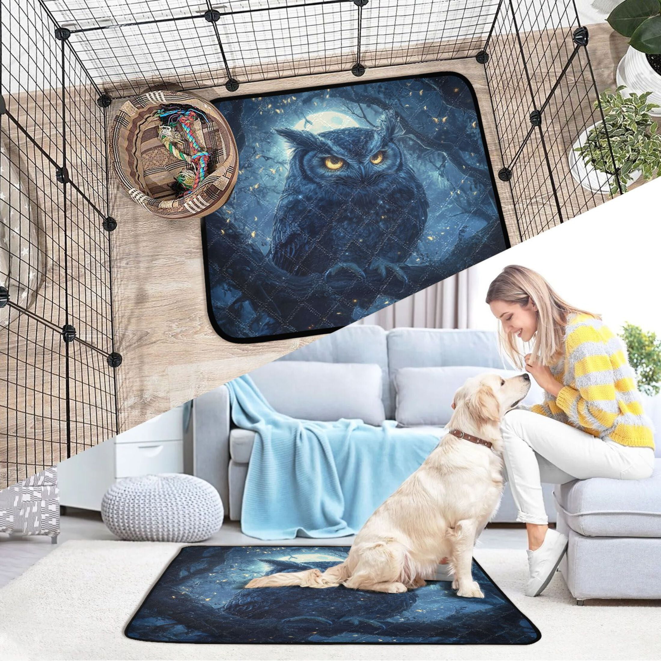 Qxltty Owl in The Moonlight Pattern Cat litter Pads Pet Set of 3 Diaper Mats Center Anti-leakage Layer Absorbent Soft and Comfortable