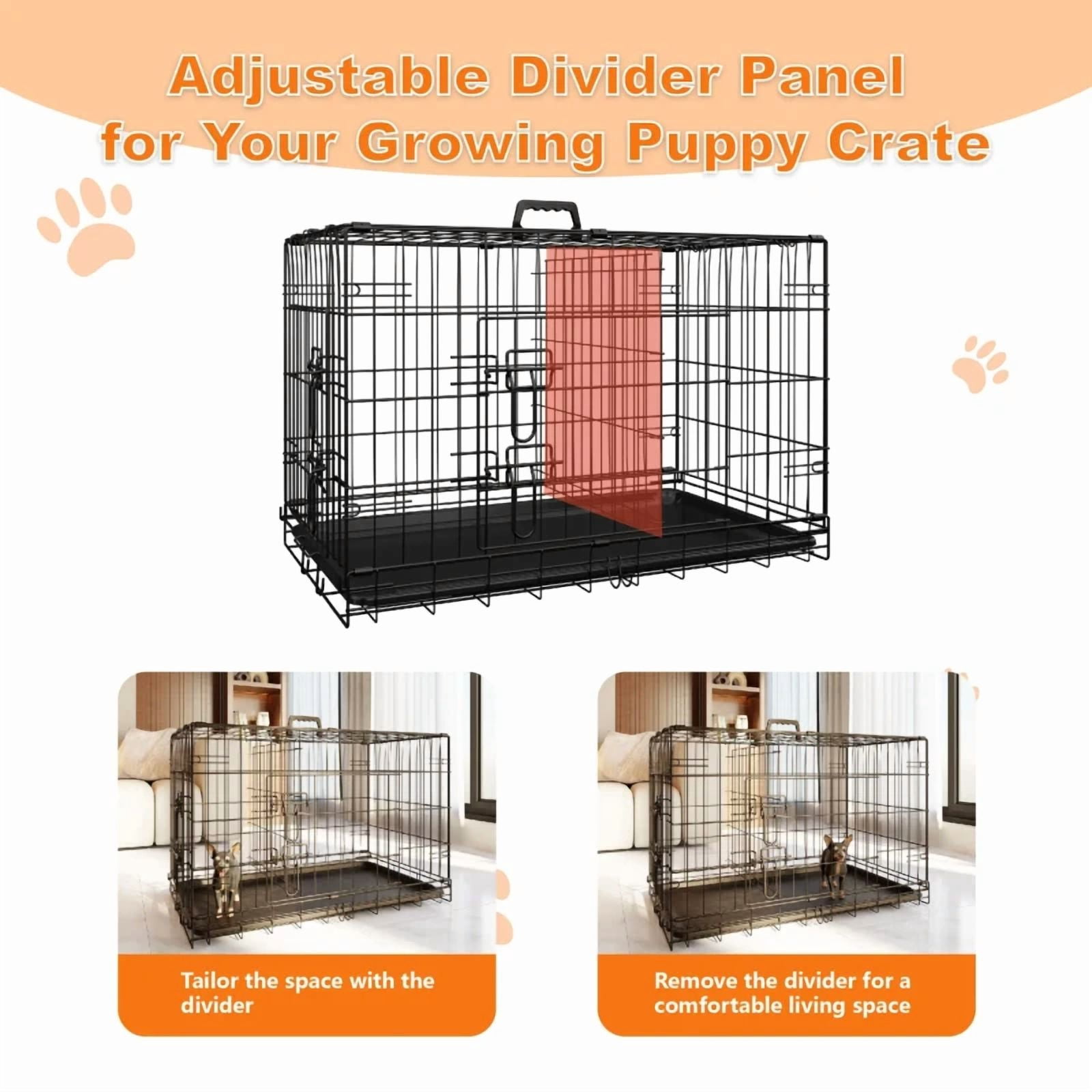 Dog Crate for Large Dogs 42 Inch Folding Metal WirePet Cage Double Door W/Divider Panel Indoor Outdoor Kennel Leak-Proof Plastic Tray