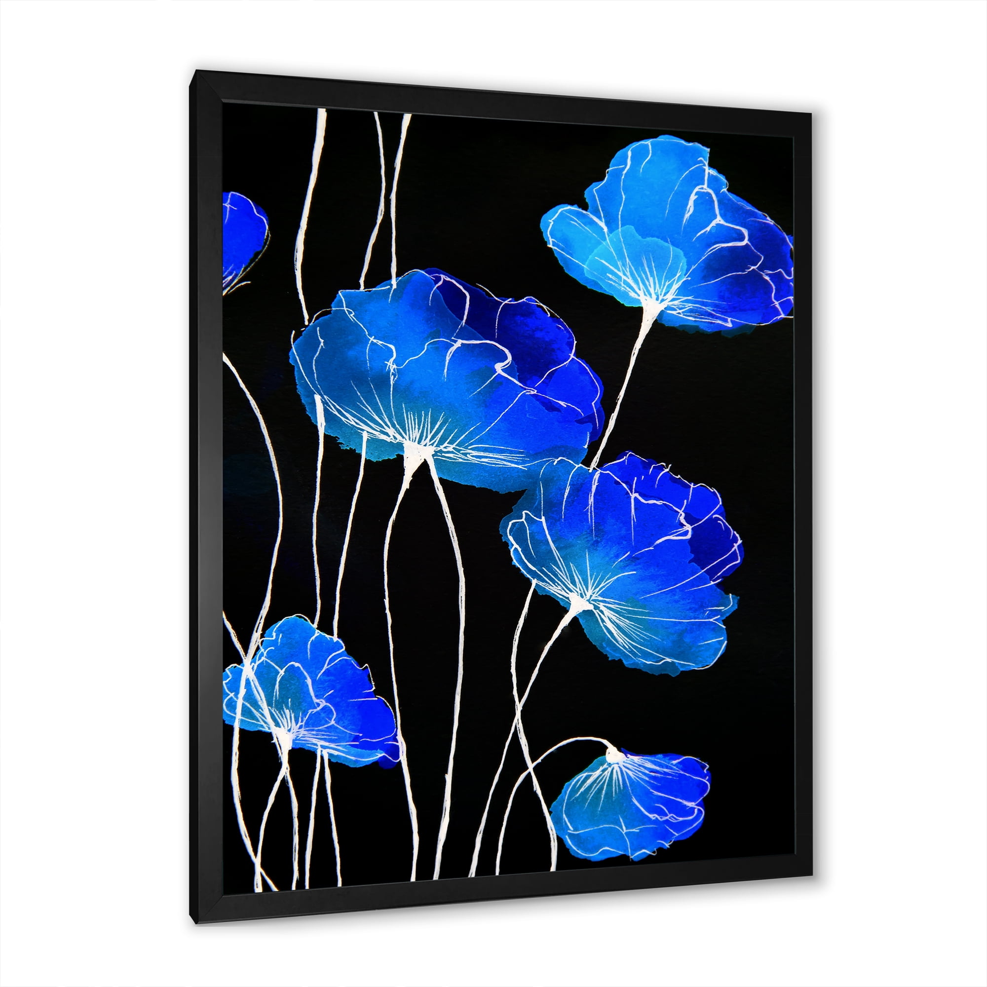 Designart 'Detail of Blue Flowers On Black Background II' Traditional Framed Art Print