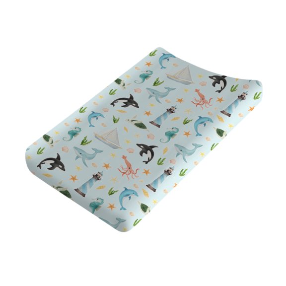 Watercolor Blue Sea Animals Changing Pad Cover Whale Sea Horse Dolphin Corals Lighthouse Boat Baby Diaper Changing Table Sheets for Boy Nursery Blue Changing Table Mat Cover 16''x32''
