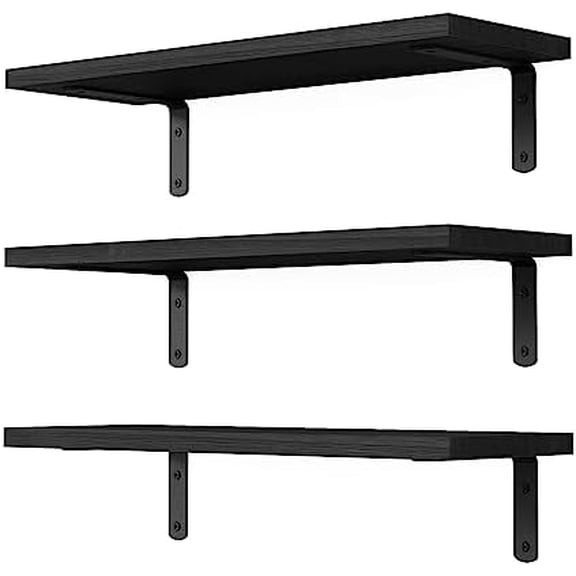 Floating Shelves, 3 Sets Wall Wooden Shelves for Décor, Mounted Bathroom Shelf Storage, Book Wall, Bedroom, Living Room – Black, HM02