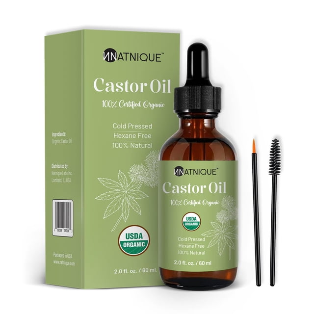 Natnique Aceite de ricino orgánico 2oz USDA puro aceite de crecimiento del cabello sin refinar prensado en frío para pestañas y cejas. Kit de tratamiento capilar hidratante natural para la piel, ace