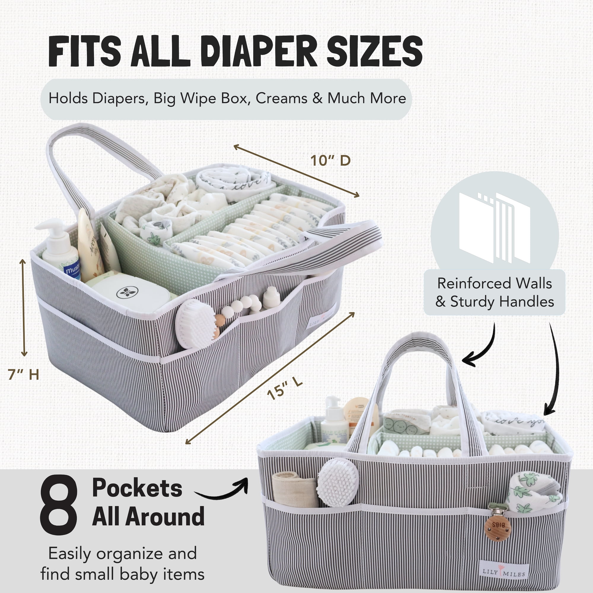 Lily Miles Baby Diaper Caddy Organizer for Changing Table - Unisex Baby Shower Gift - Newborn Essentials - Baby Organizer Basket (Gray/Mint, Large)